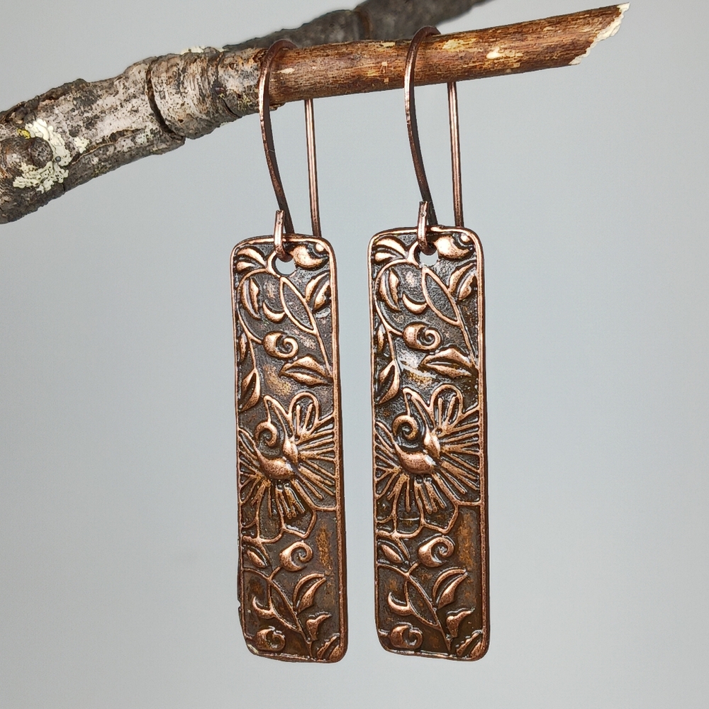 HAND CRAFTED EARRINGS Vintage Style Copper Bird Flower Minimalist Dangle